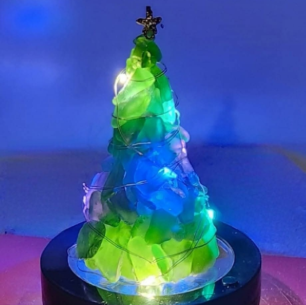 Green, Brown, and White, Authentic Seaglass Tree. 10" Tall. Comes With Lights